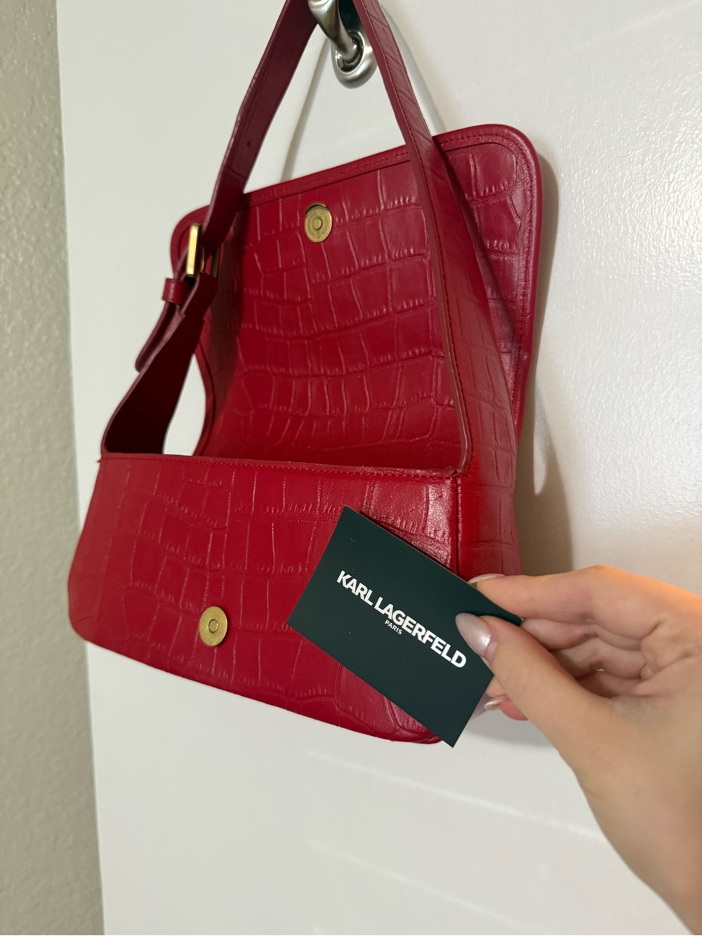 Karl Lagerfeld Red Croc-Embossed Shoulder Bag with Gold Accent - Picture 6 of 7
